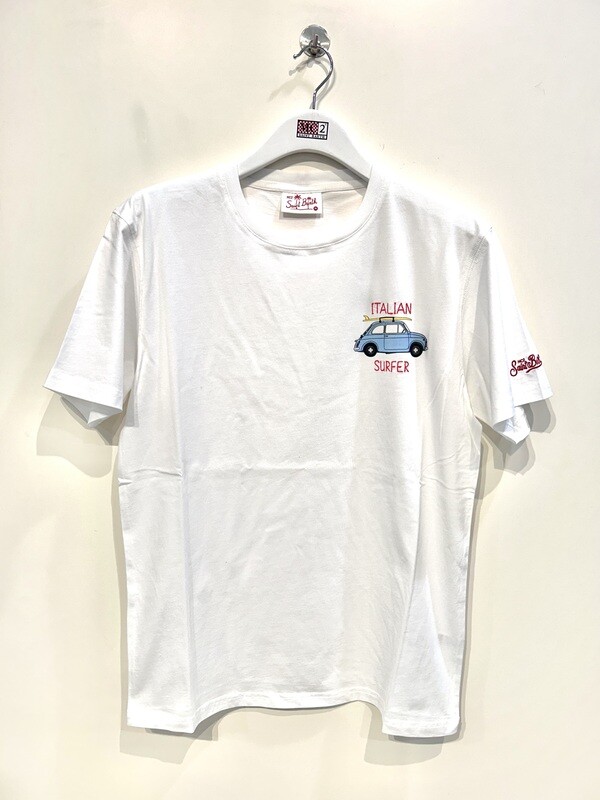 Tshirt in cotone organico stampa e ricamo frontale 500. Col. Bianco