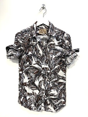 Camicia in cotone con automatici, stampa floreale “ palma “. Col. Crema / Testa Moro