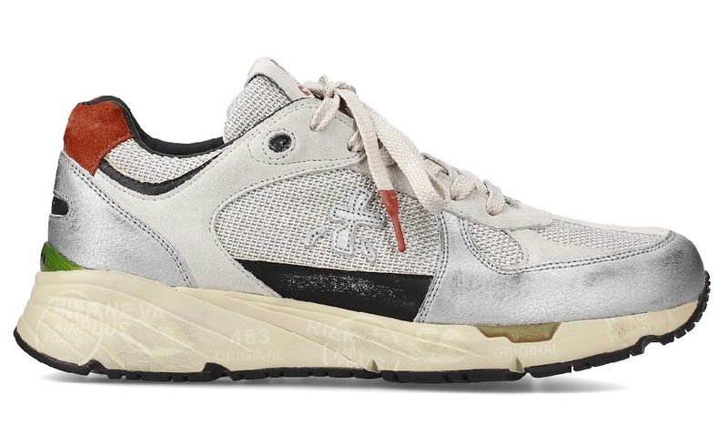 Sneaker in pelle, suede e retina tecnica effetto supervintage. Col. Argento