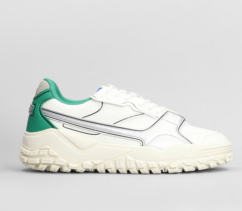 Sneaker d&#39;Archivio in pelle e tessuto con contrasti metal. Col. Bianco / Argento / Verde