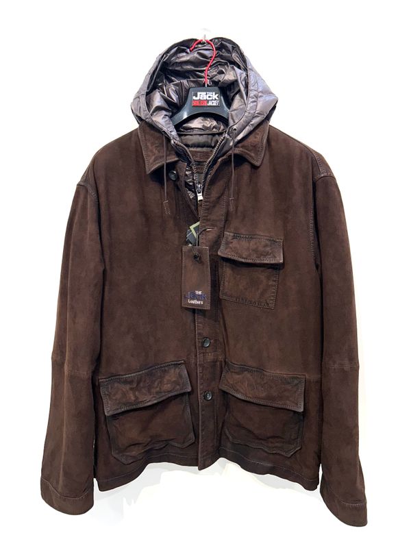 New Field jacket 3 tasche in suede vintage, Giubbino interno con cappuccio staccabile. Col. Testa di Moro