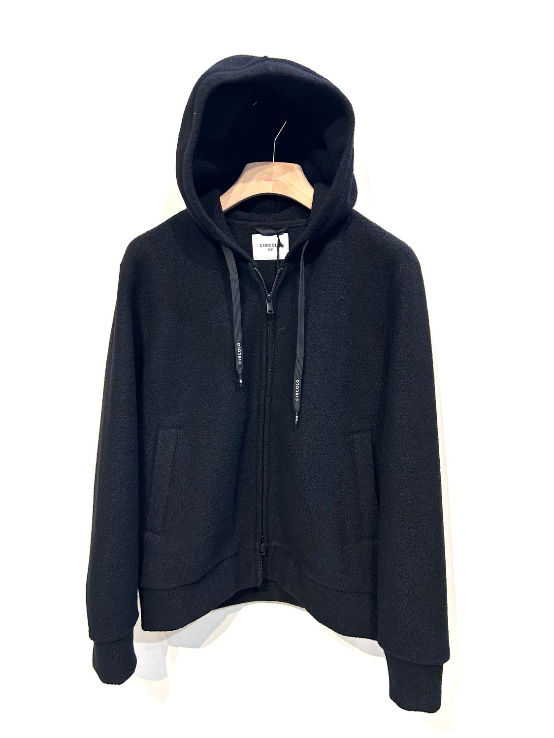 Felpa / Jacket hoodie full zip con cappuccio in lana cotta. Col. Nero