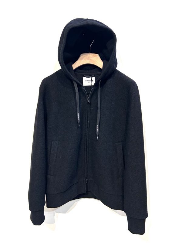 Felpa / Jacket hoodie full zip con cappuccio in lana cotta. Col. Nero
