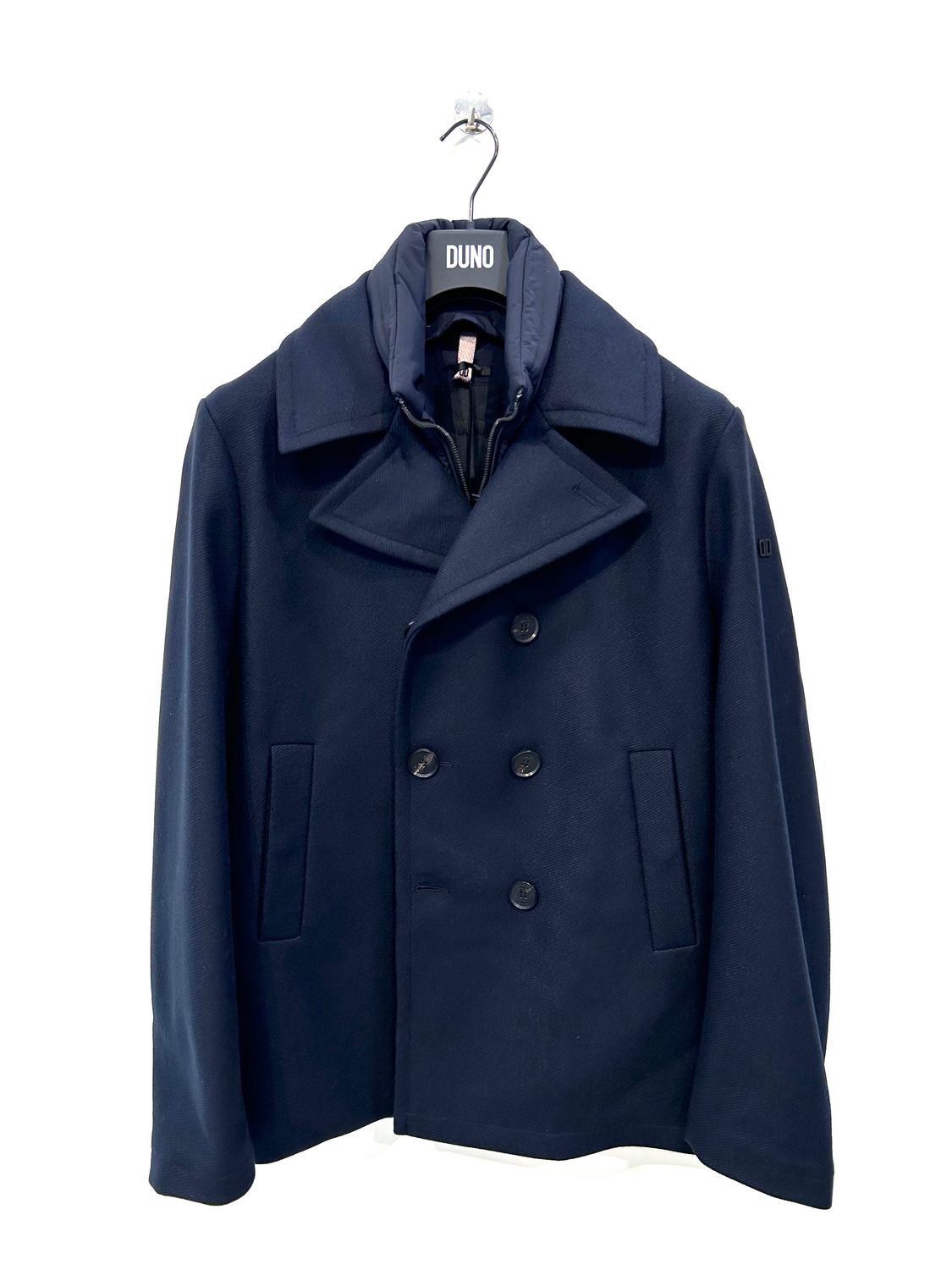 Peacoat doppio petto in lana tecnica. Col. Blu Navy