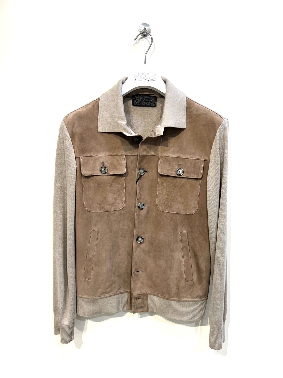Giubbino bimateriale suede e maglia sfoderato. Col. Tortora