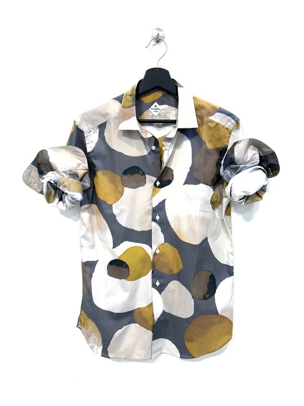 Camicia in mussola cotone leggerissima &quot; liberty &quot; stampa pianeti.  Col. Fantasia Grigio / Sabbia