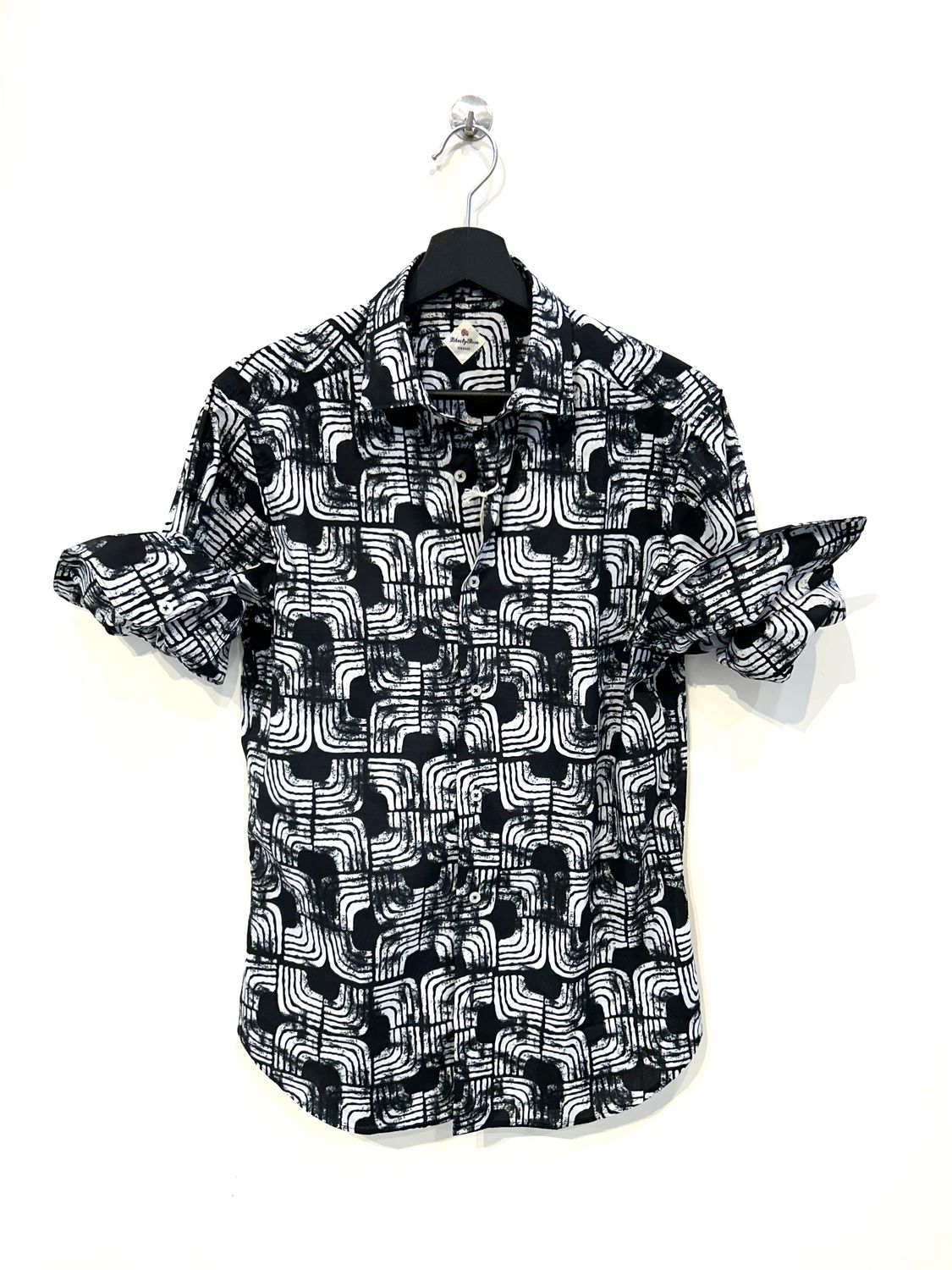 Camicia in mussola cotone leggerissima &quot; liberty &quot; stampa astratta.  Col. Fantasia Nero / Perla