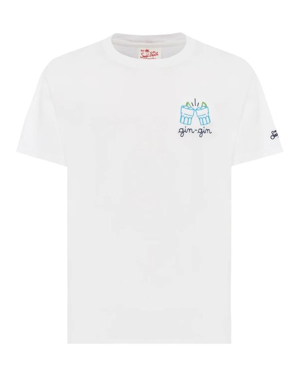 Tshirt in cotone organico ricamo frontale Cocktail. Col. Bianco