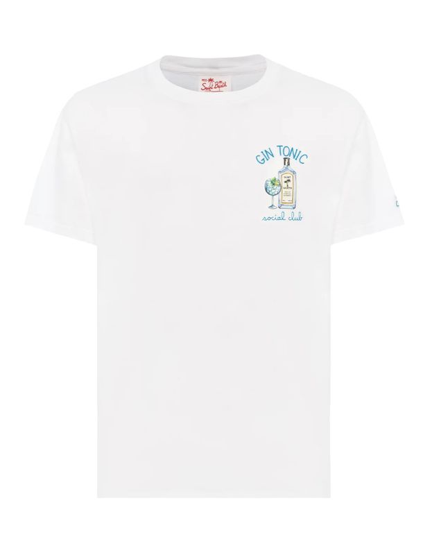Tshirt in cotone organico stampa e ricamo frontale Cocktail . Col. Bianco