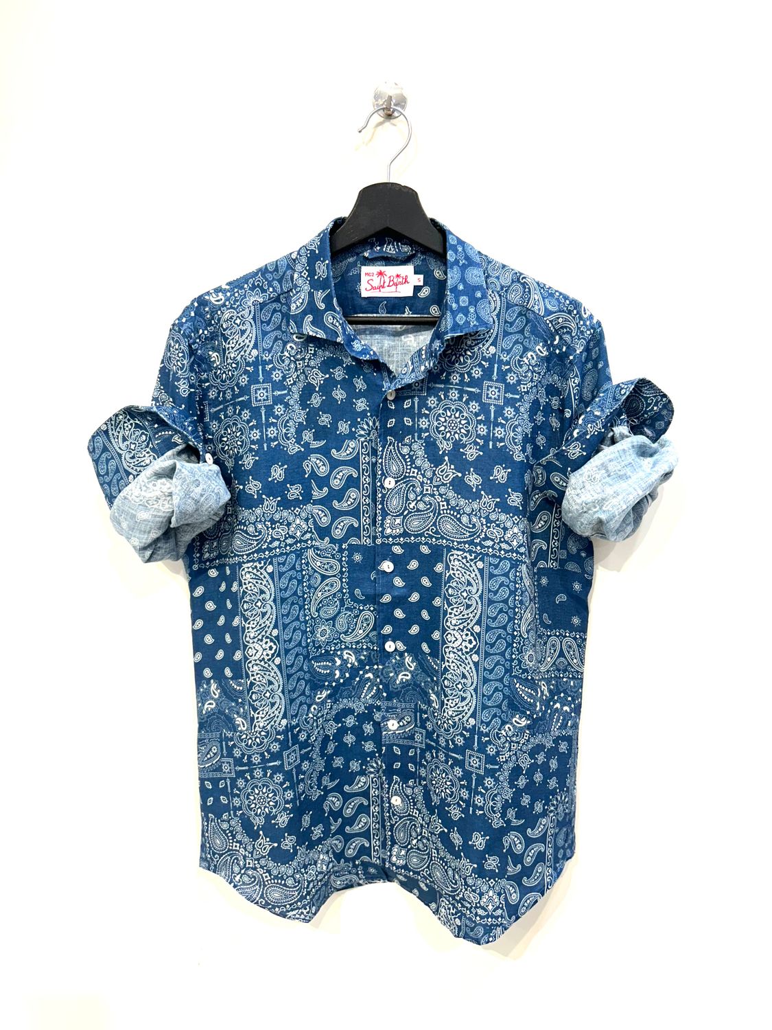Camicia in puro lino stampa bandana. Col. Indaco