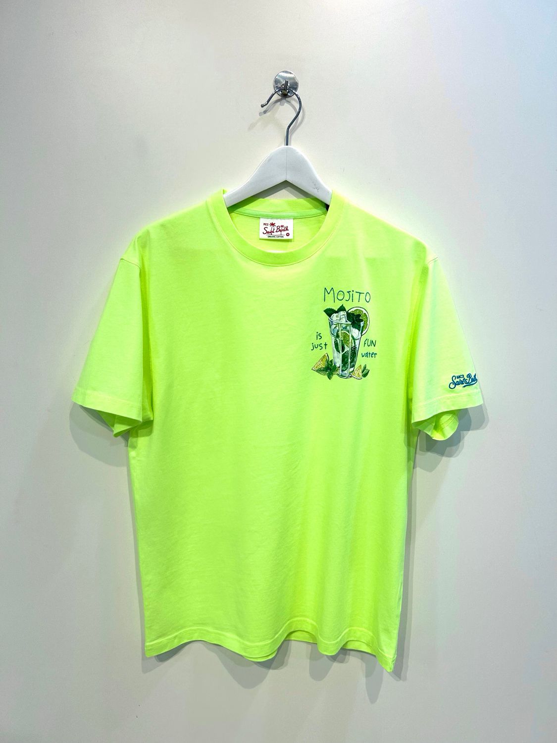 Tshirt in cotone organico stampa e ricamo frontale Fluo color Cocktail. Col. Giallo fluo