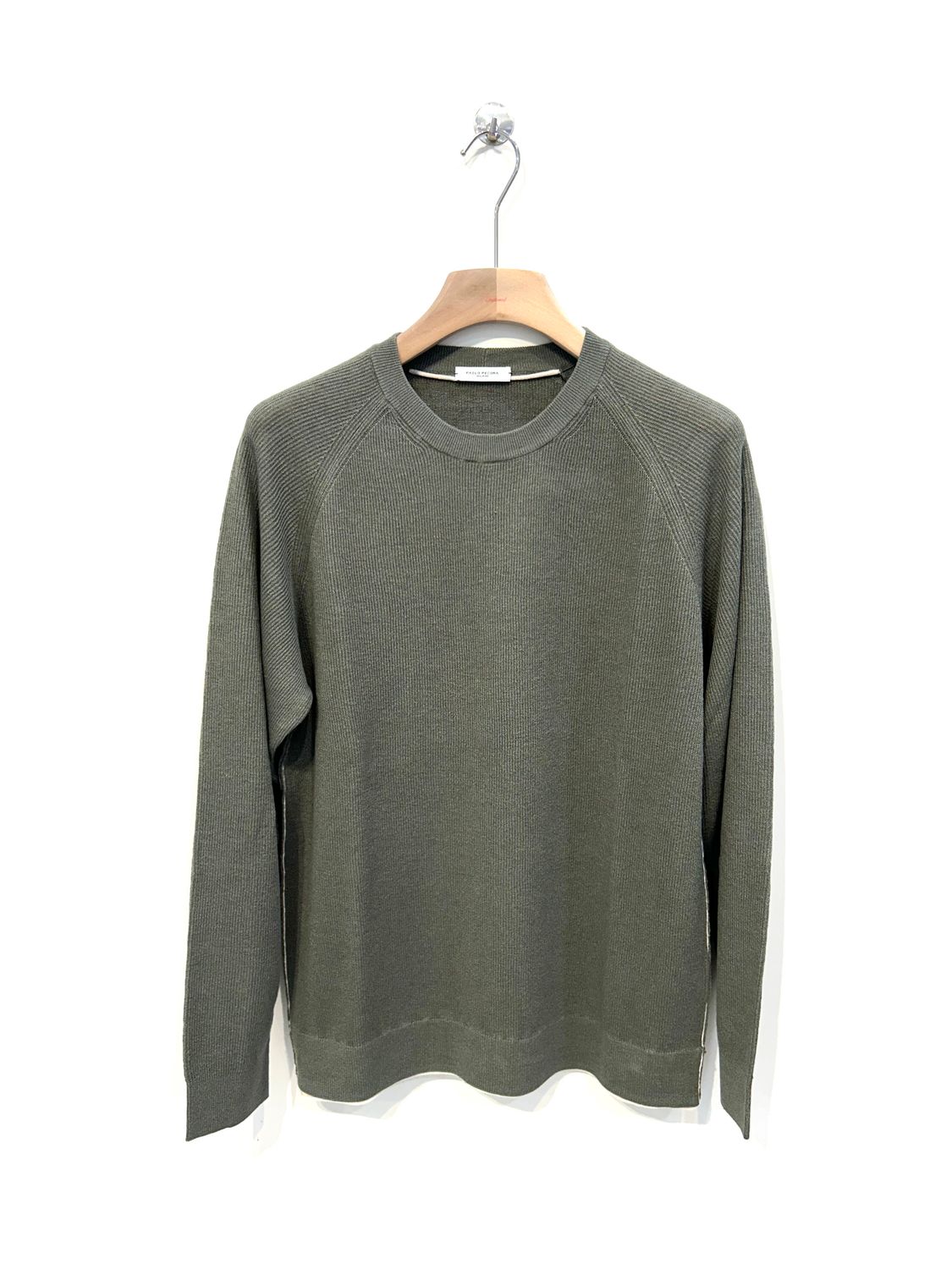 Maglia girocollo a costina in lino e cotone. Col. Verde