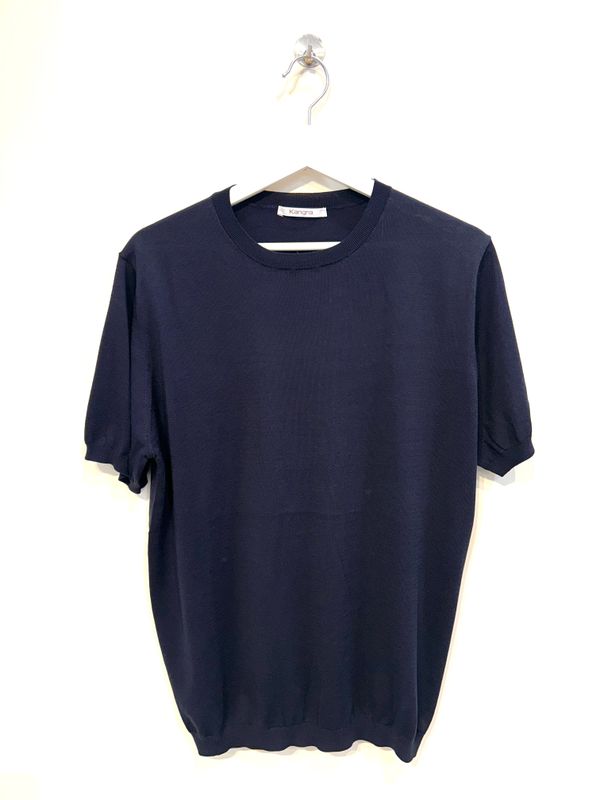 KANGRA Maglia girocollo a manica corta in seta e cotone. Col. Bleu Navy