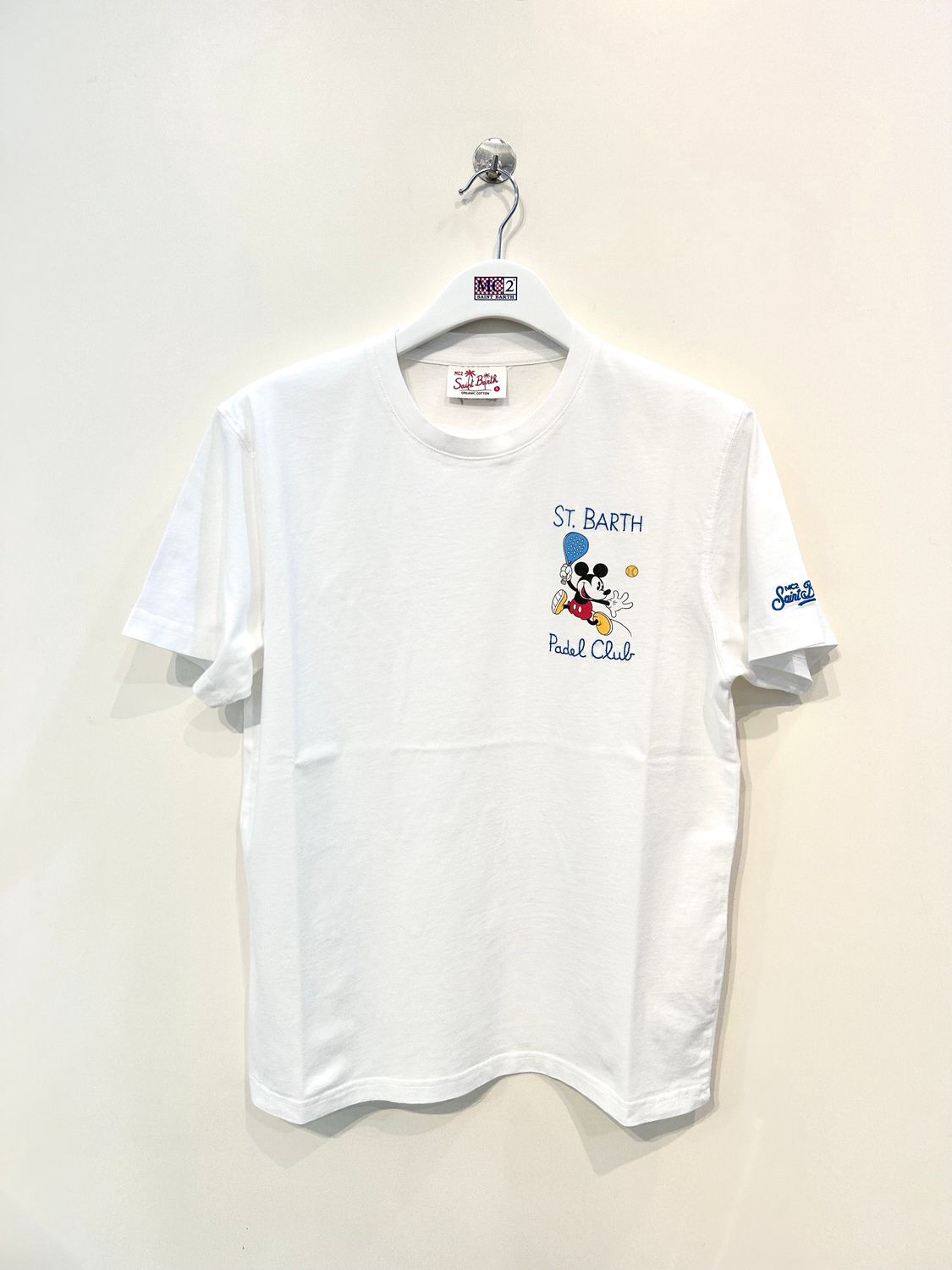 Tshirt in cotone organico stampa e ricamo frontale Michey Padel. Col. Bianco