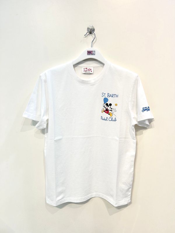 Tshirt in cotone organico stampa e ricamo frontale Michey Padel. Col. Bianco