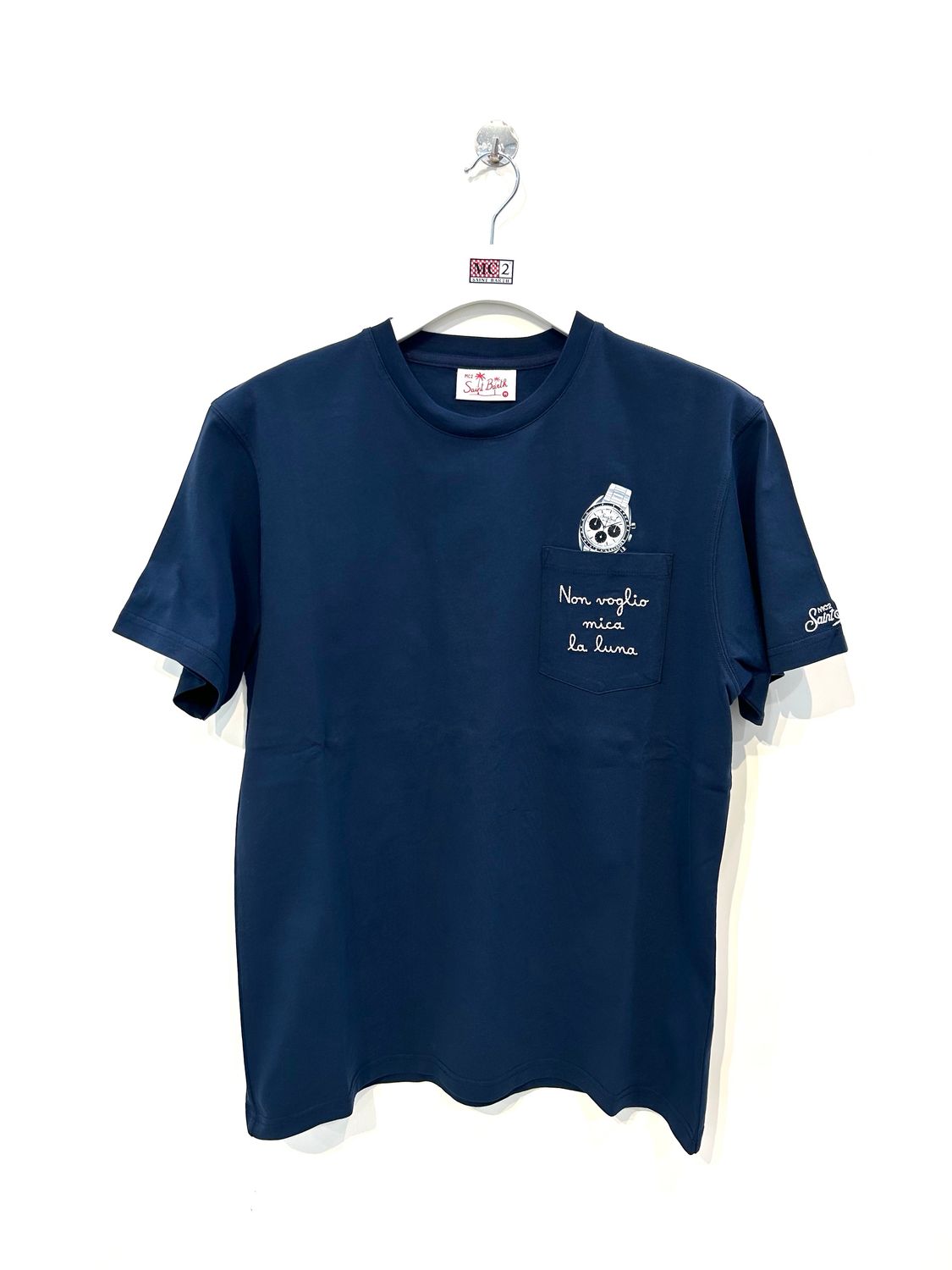 Tshirt in cotone organico stampa e ricamo frontale con taschino. Col. Blu Navy