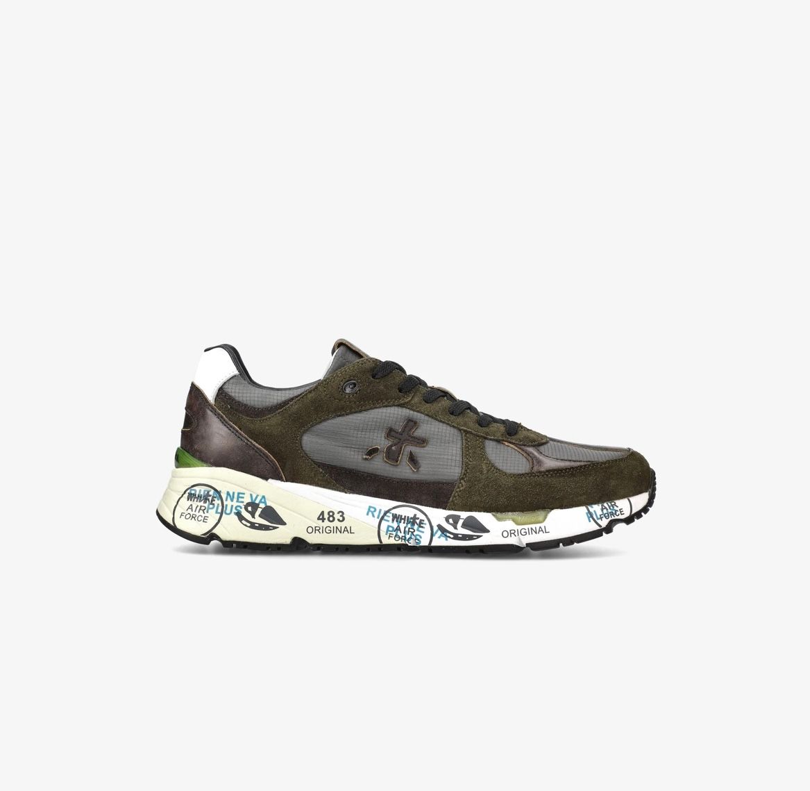 Sneaker trimateriale nylon micro reps, suede e pelle effetto vintage, fondo alto. Col. Verde e Grigio