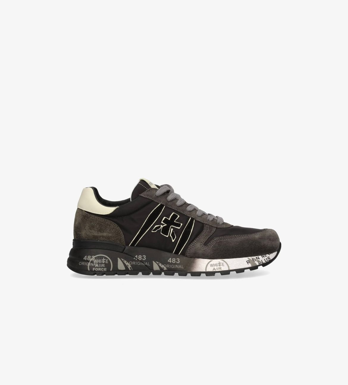 Sneaker trimateriale nylon, suede e pelle, suola in degrade’. Col. Canna di fucile