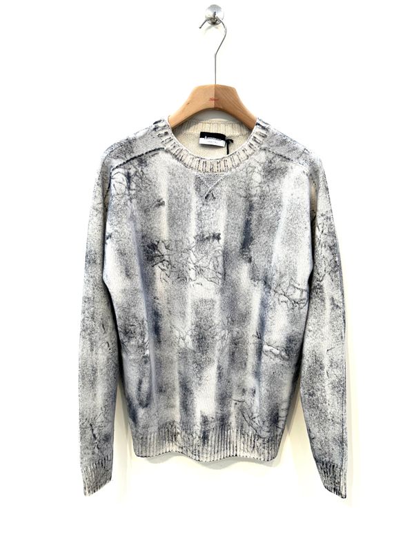 Maglia girocollo in lana e cashmere calata, trattamento artigianale tie and dye, reversibile. Col. Navy