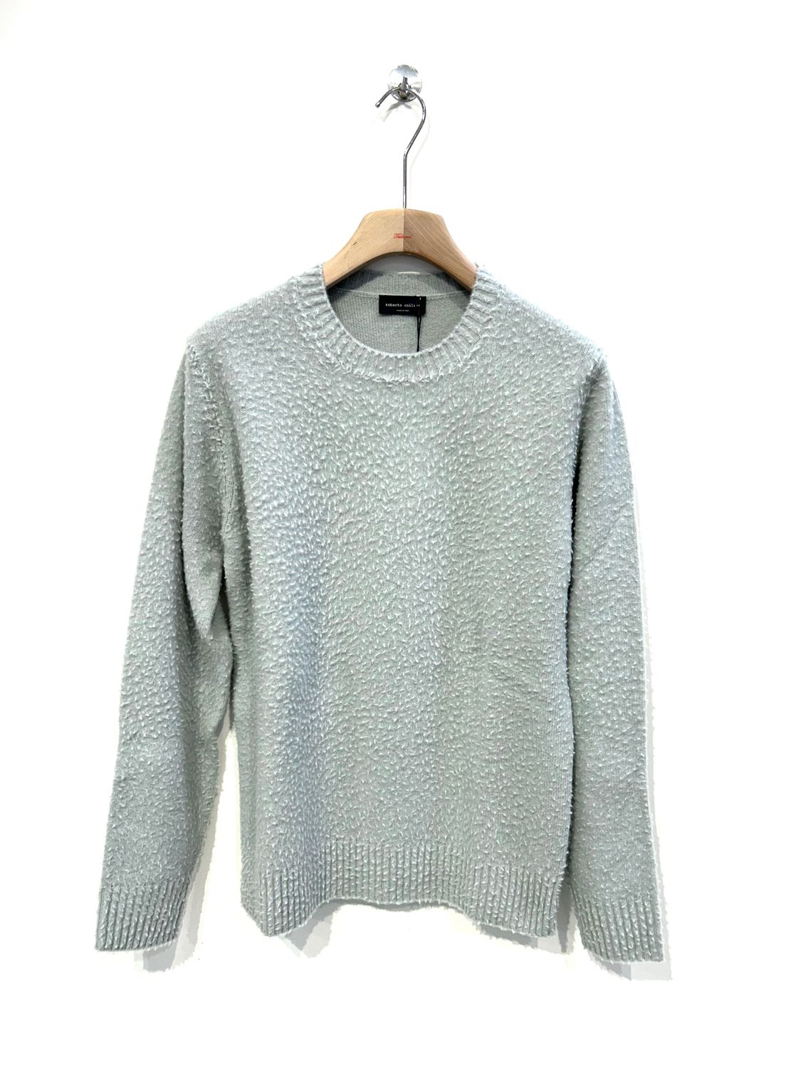 Maglia girocollo in lana merinos effetto Casentino. Col. Acqua