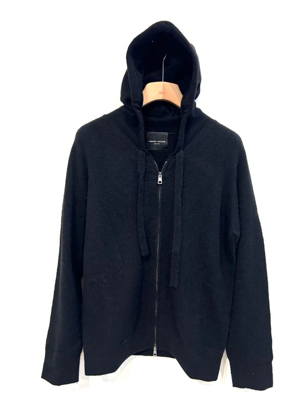 Maglia full zip con cappuccio in poly, lana e alpaca. Col. Nero