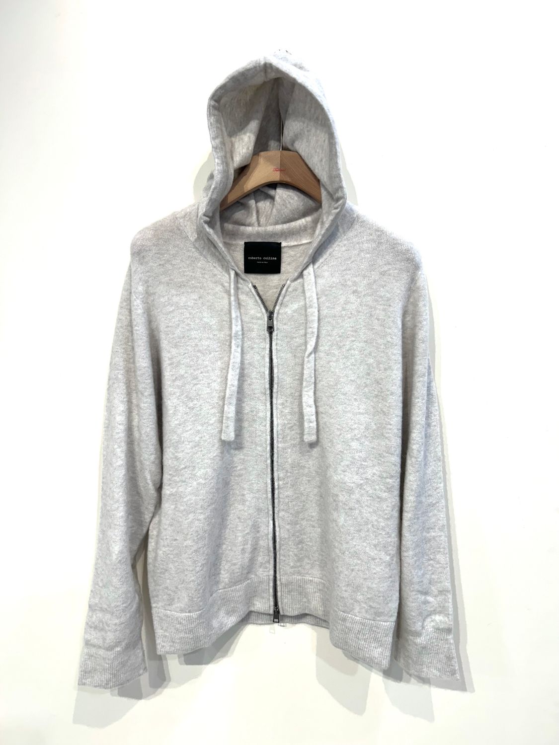 Maglia full zip con cappuccio in poly, lana e alpaca. Col. Grigio Chiaro