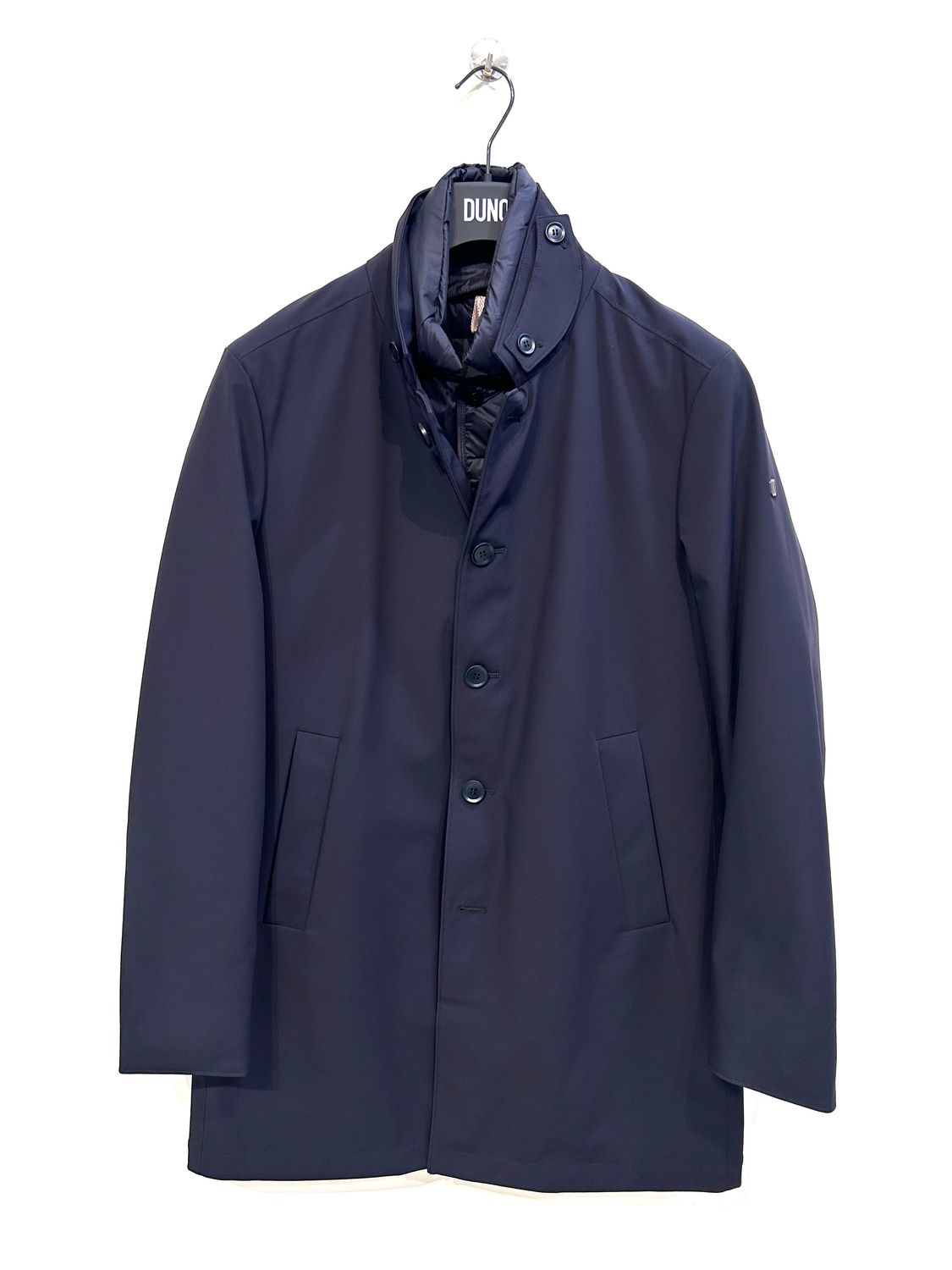 Cappotto in tessuto tecnico bi strech, in piuma d’oca. Col. Blu Navy