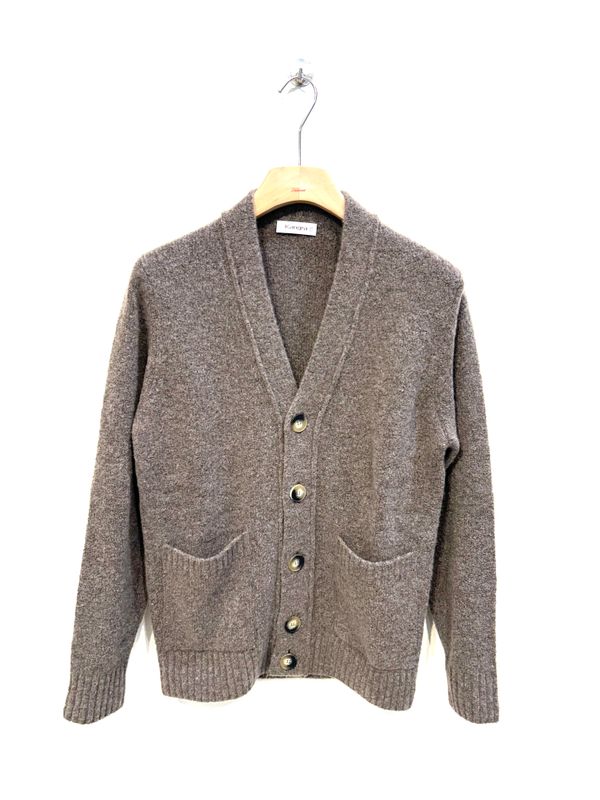 Cardigan boucle’ in lana e cachemire. Col. Tortora