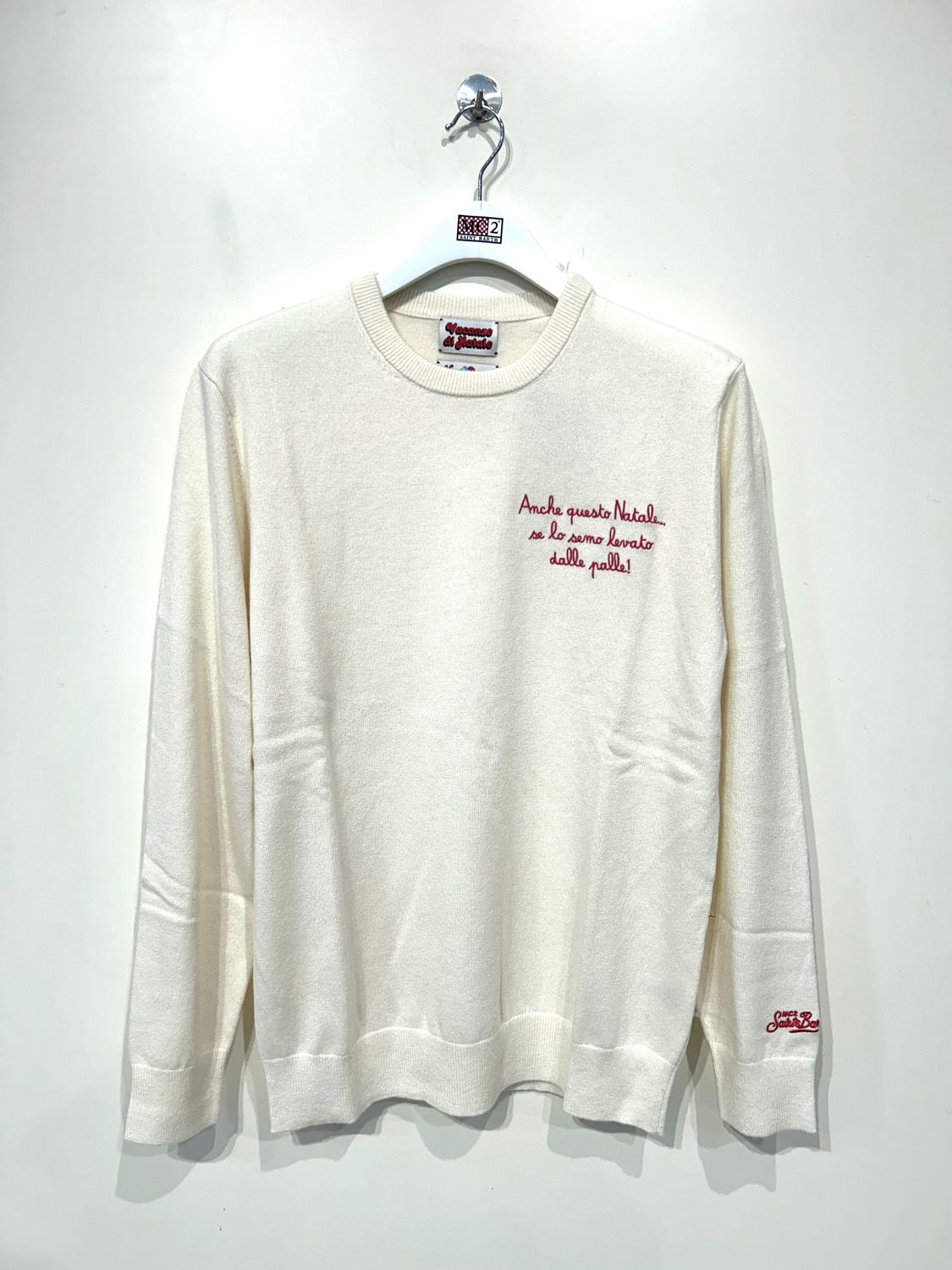 Maglia girocollo lana cashmere viscosa light, ricamata. Col. Latte