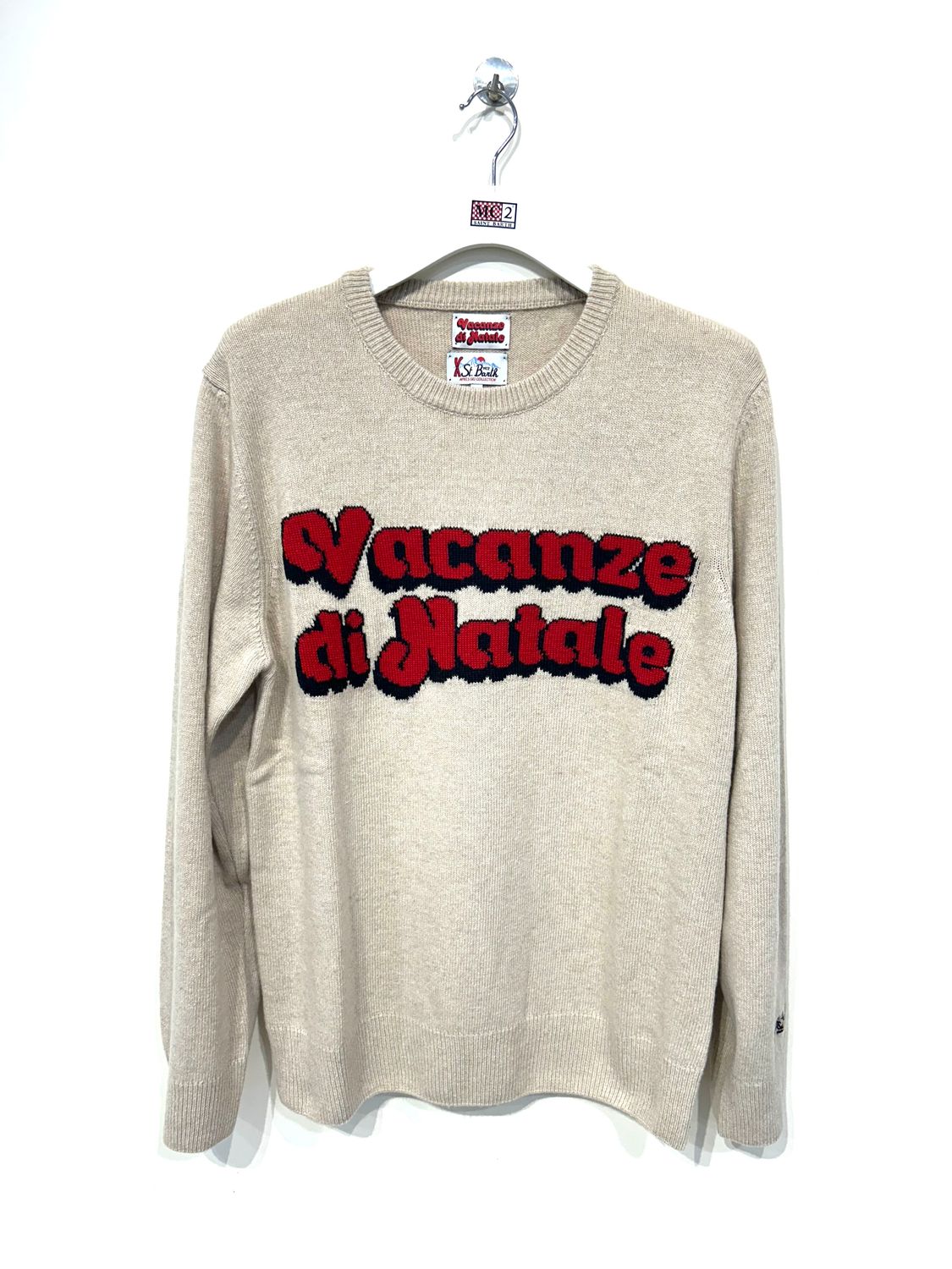 Maglia girocollo lana cashmere viscosa intarsio. Col. Naturale