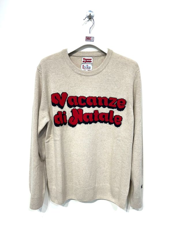 Maglia girocollo lana cashmere viscosa intarsio. Col. Naturale