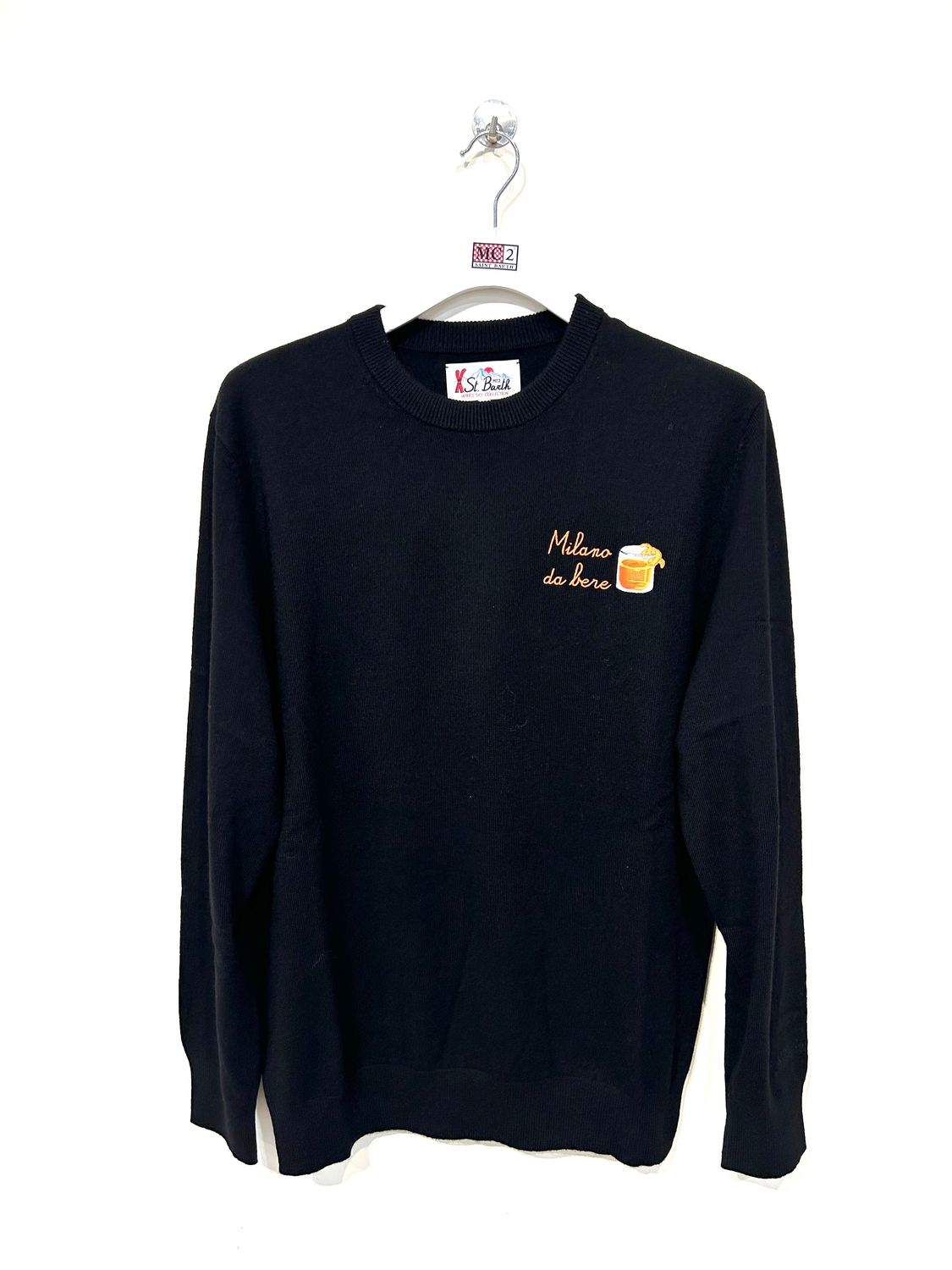 Maglia girocollo lana cashmere viscosa light, ricamata. Col. Nero