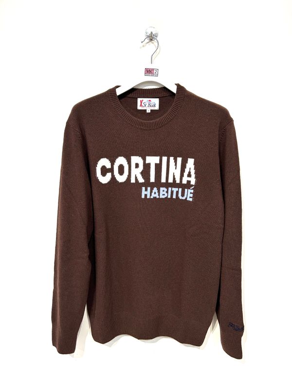 Maglia girocollo lana cashmere viscosa intarsio. Col. Cioccolato