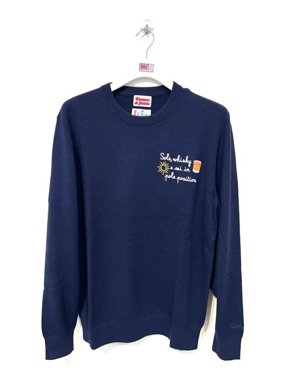 Maglia girocollo lana cashmere viscosa light, ricamata. Col. Bleu