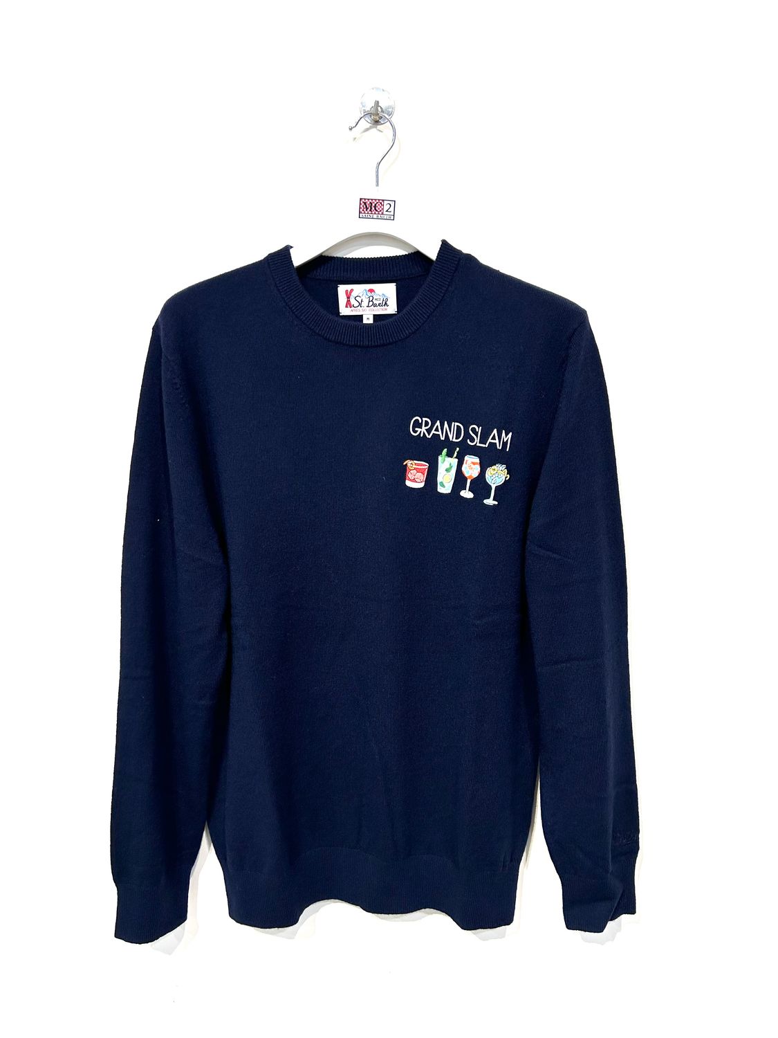 Maglia girocollo lana cashmere viscosa light, ricamata. Col. Bleu