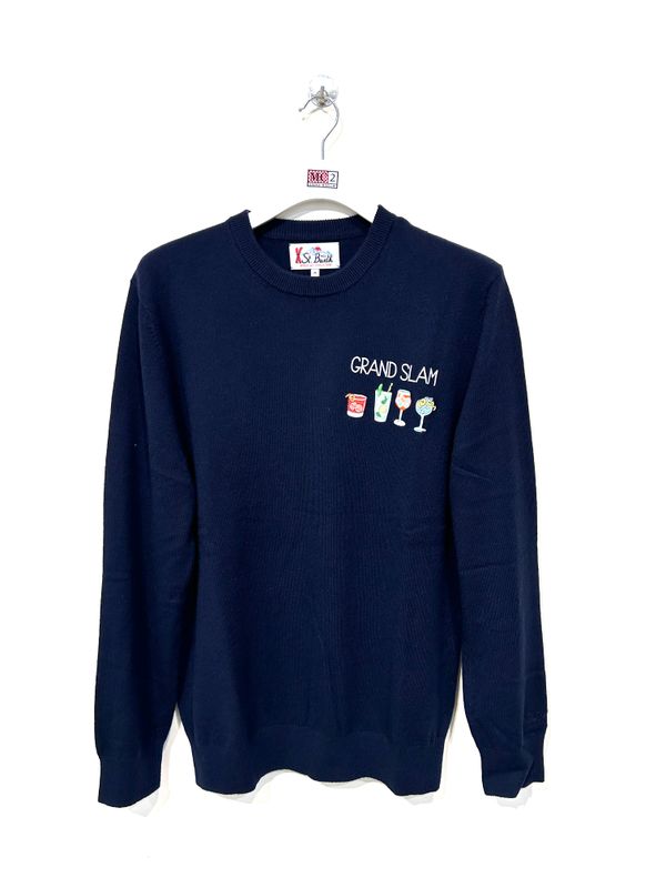 Maglia girocollo lana cashmere viscosa light, ricamata. Col. Bleu
