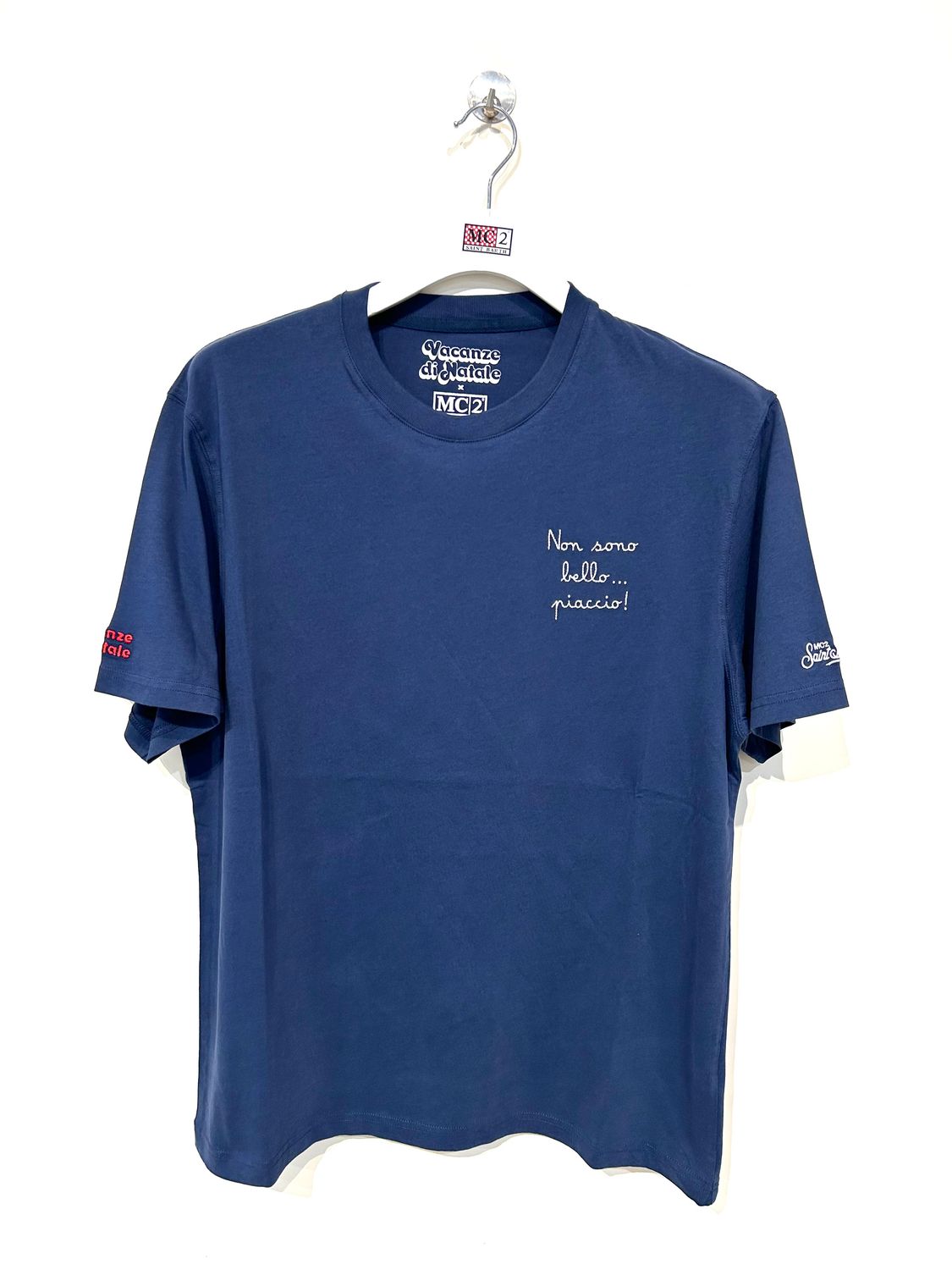 T-shirt manica corta in cotone organico con ricami. Col. Bleu