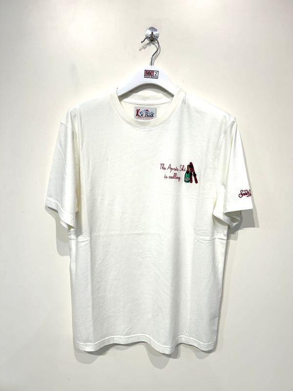 T-shirt manica corta in cotone organico con ricami. Col. Latte