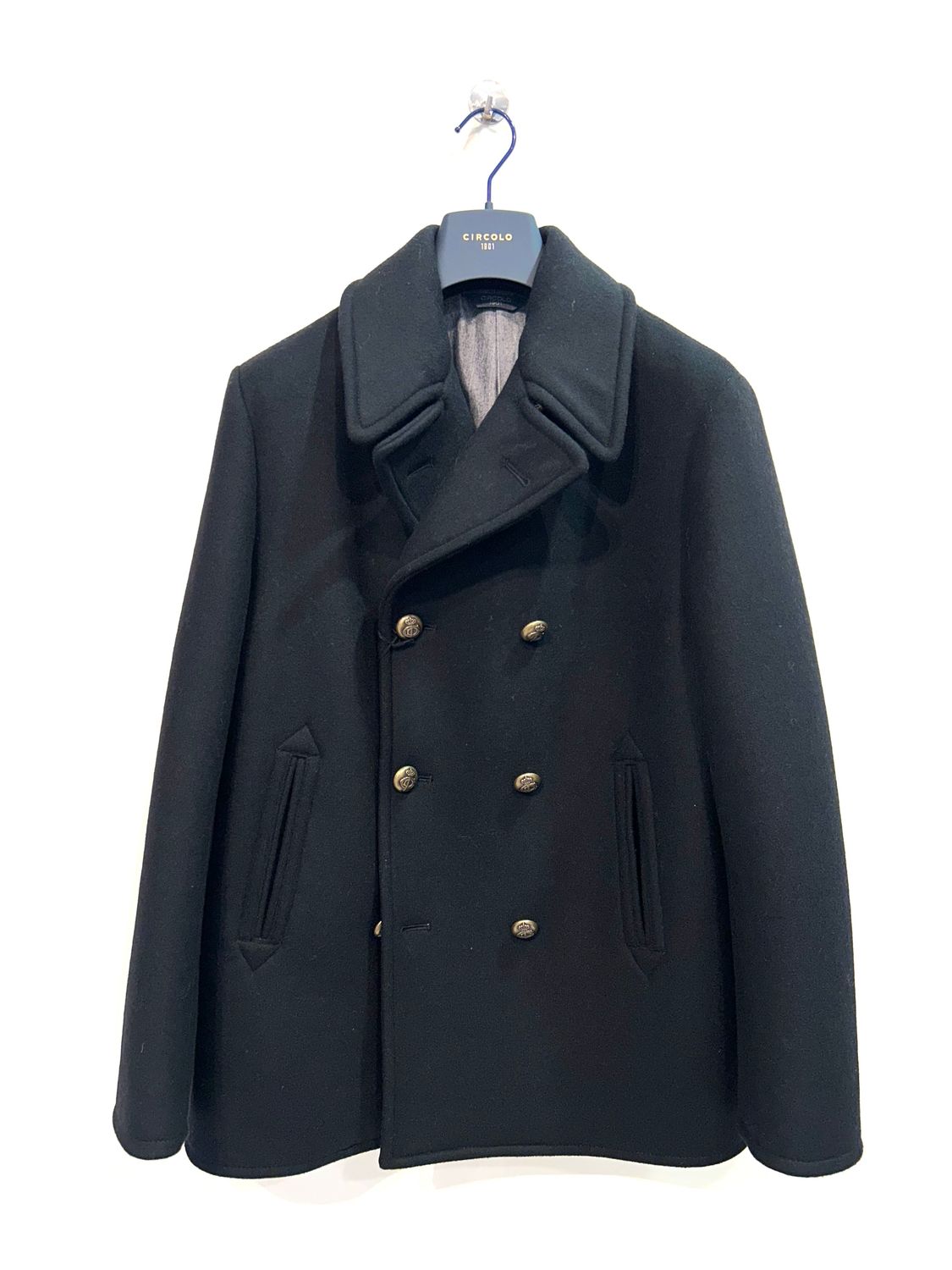 Peacoat marinaio doppio petto in lana tecnica. Col. Nero