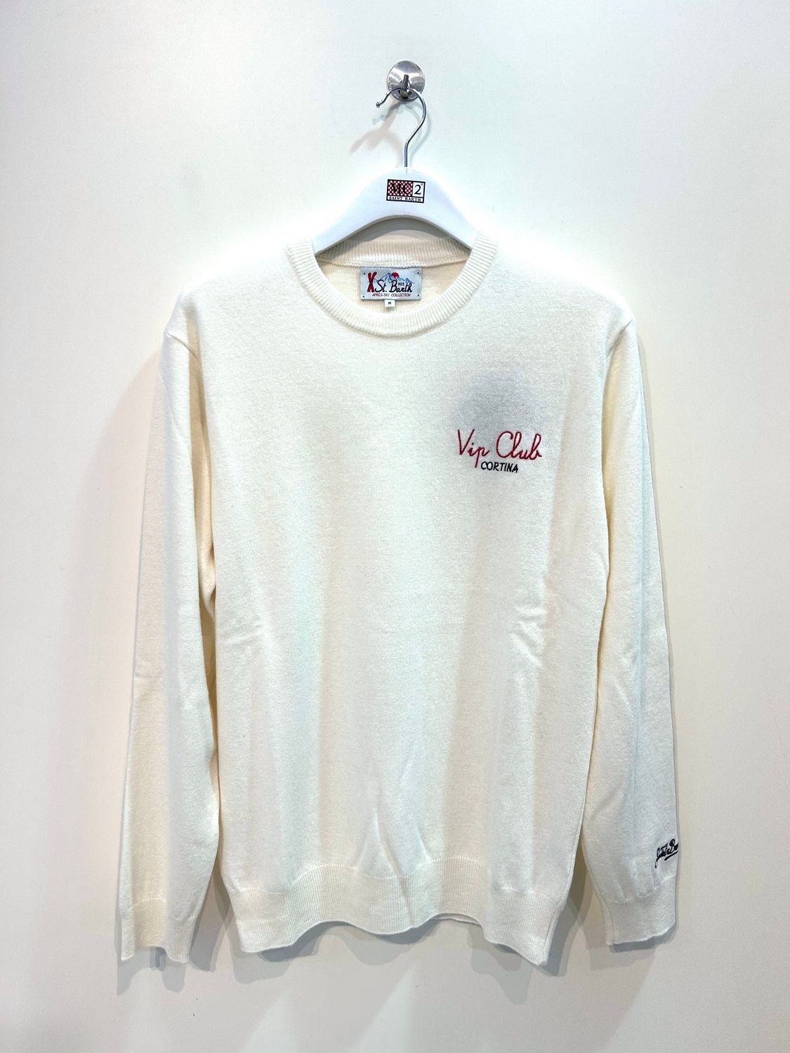 Maglia girocollo lana cashmere viscosa ricamo. Col. Panna