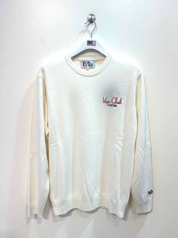 Maglia girocollo lana cashmere viscosa ricamo. Col. Panna