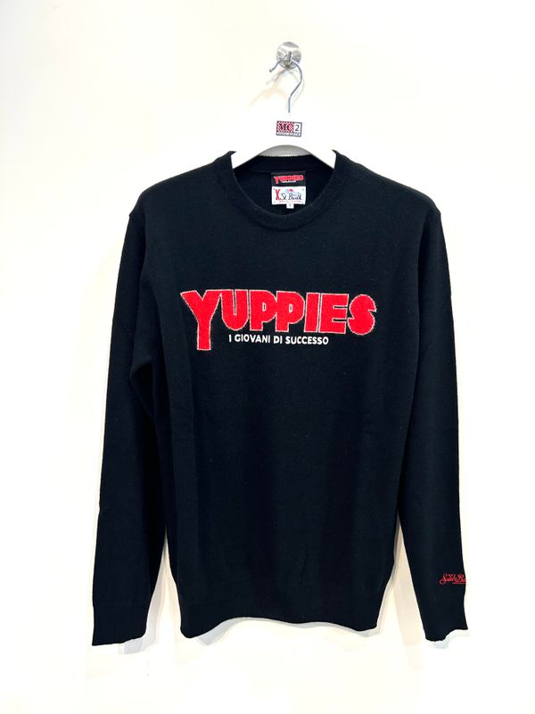 Maglia girocollo lana cashmere e viscosa intarsio e ricamo yuppies. Col. Nero