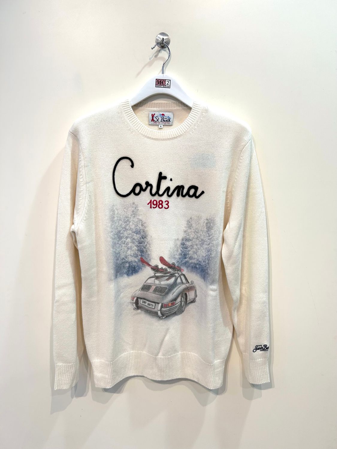 Maglia girocollo lana cashmere e viscosa, stampa CORTINA. Col. Latte