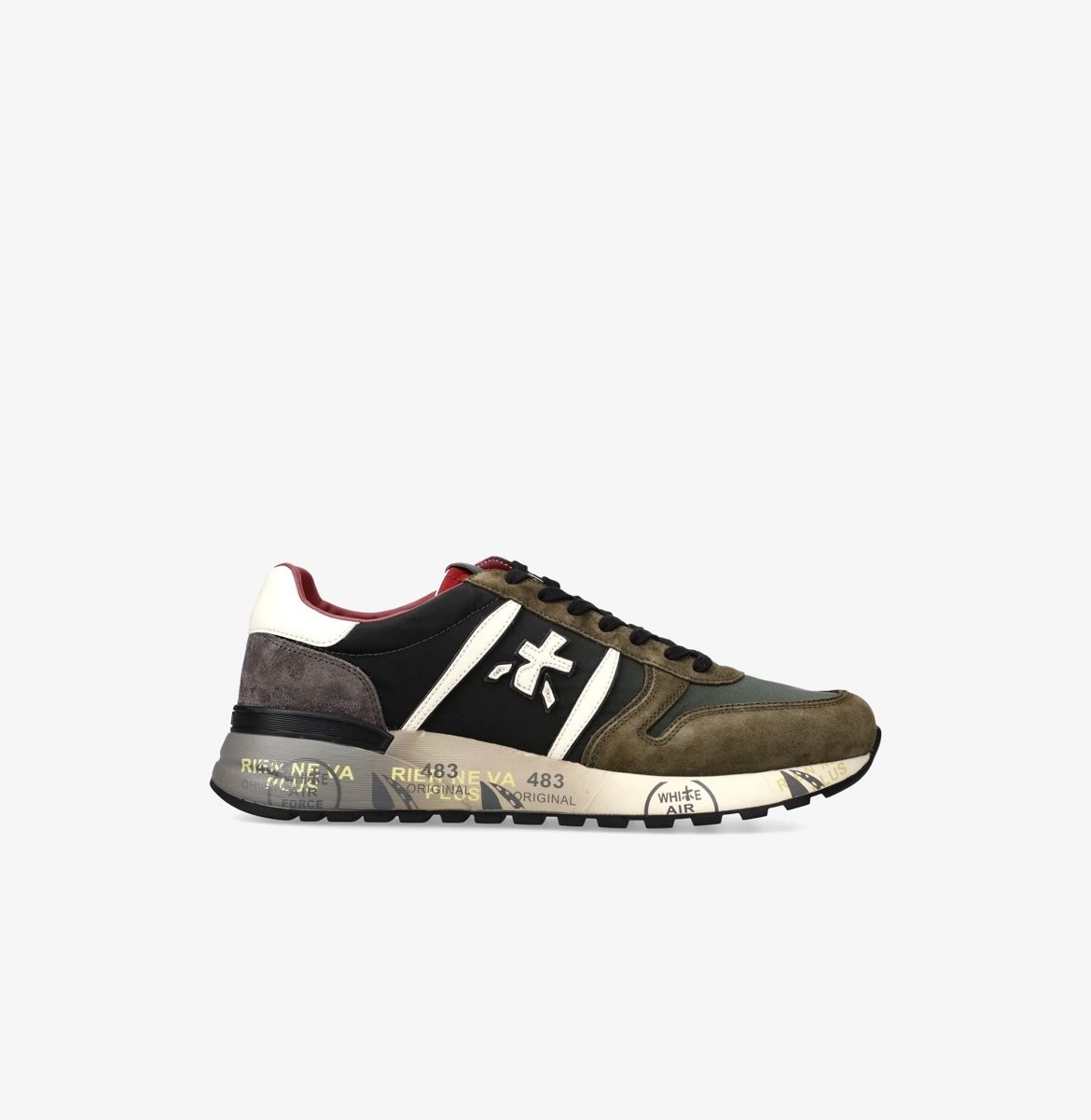 Sneaker trimateriale nylon suede e pelle, suola in degrade. Col. Verde Militare.