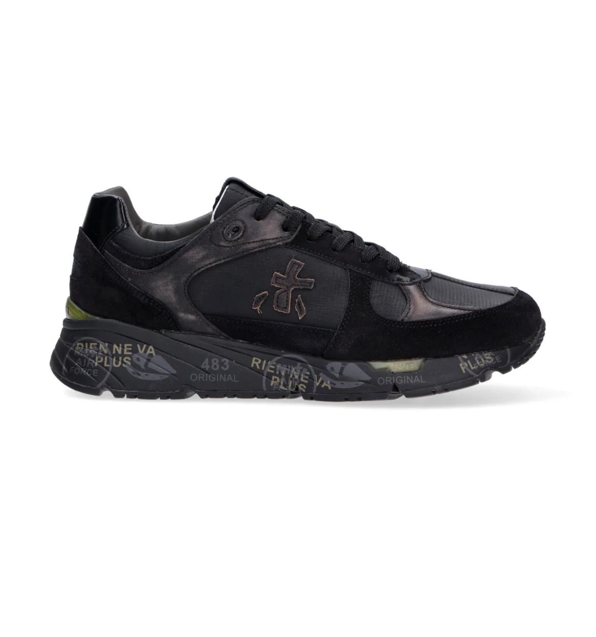 Sneaker trimateriale nylon micro reps, suede e pelle effetto vintage, fondo alto. Col. Nero / Fango