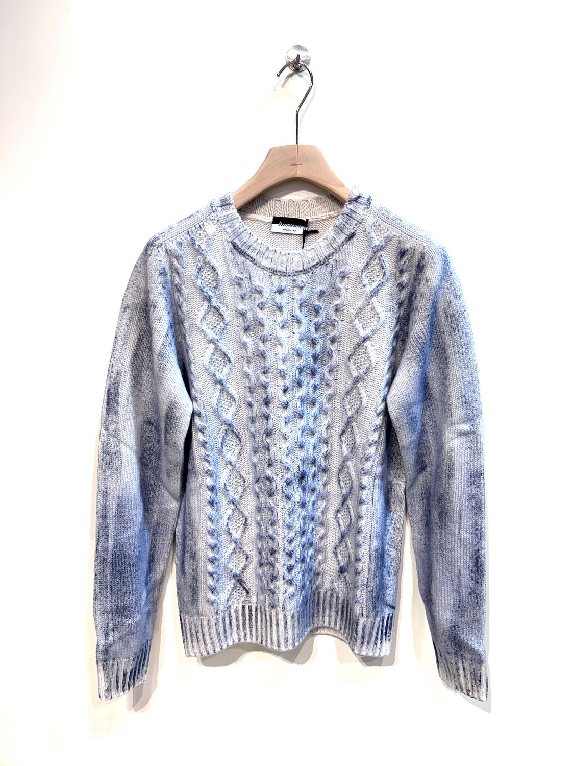 AROVESCIO Maglia girocollo calata in lana e cashmere, multipunti, reversibile, trattamento artigianale rullata a mano. Col. Denim