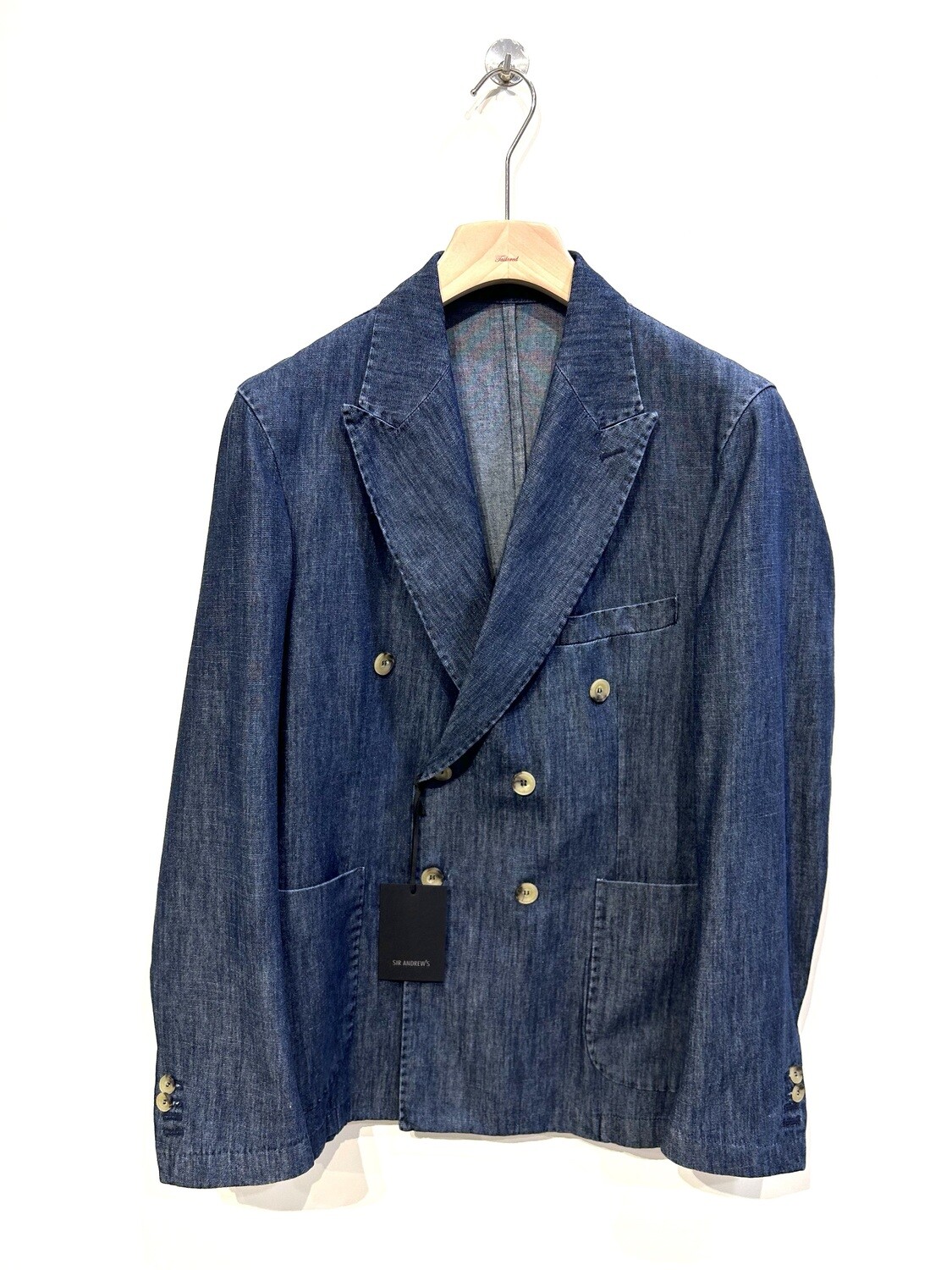 Giacca doppio petto punta a lancia chambry di denim leggero. Col. Indaco