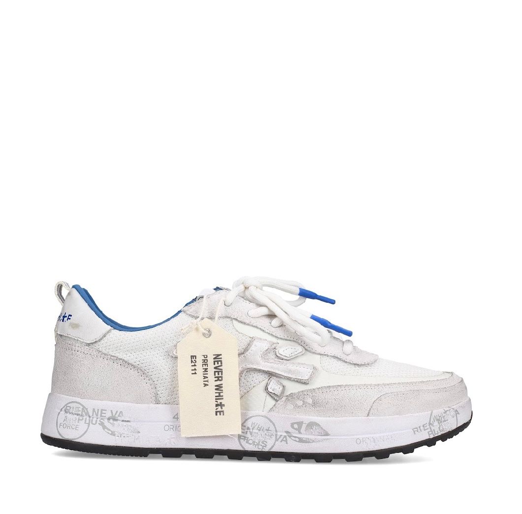 PREMIATA Sneaker in suede e retina tecnica effetto Vintage, fondo cassetta. Limited Ed. Col. Bianco