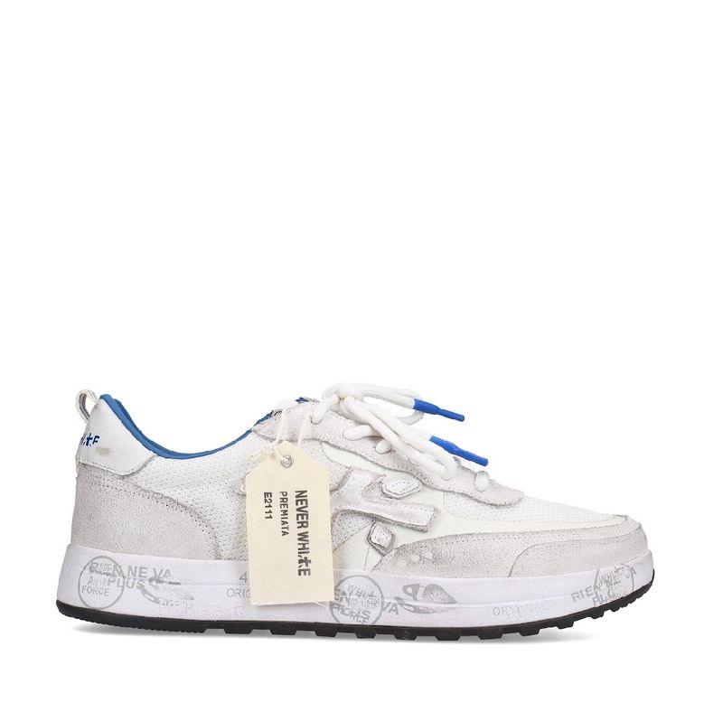 PREMIATA Sneaker in suede e retina tecnica effetto Vintage, fondo cassetta. Limited Ed. Col. Bianco