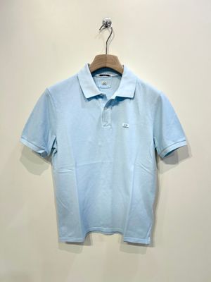 Polo manica corta in piquet di cotone tintura resist dyed. Col. Cielo